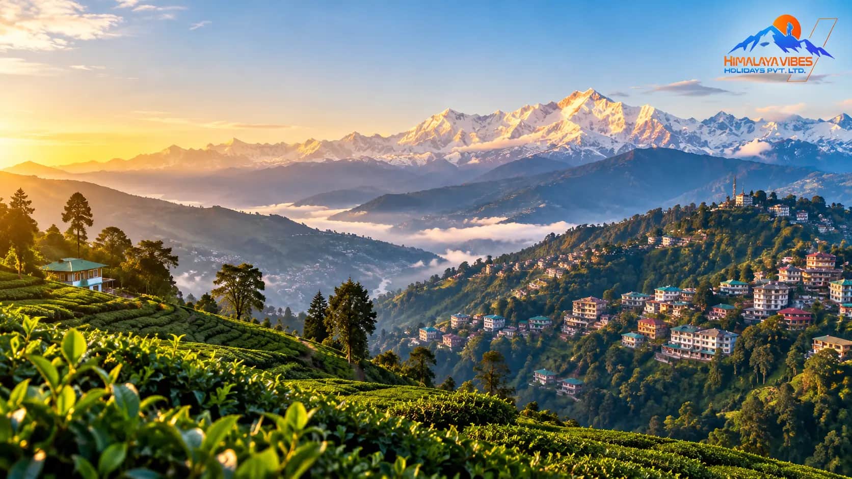Image for Scenic Himalayan landscape with lush tea gardens, hillside town, and snow-capped mountains at sunrise, featuring the Himalaya Vibes Holidays logo.